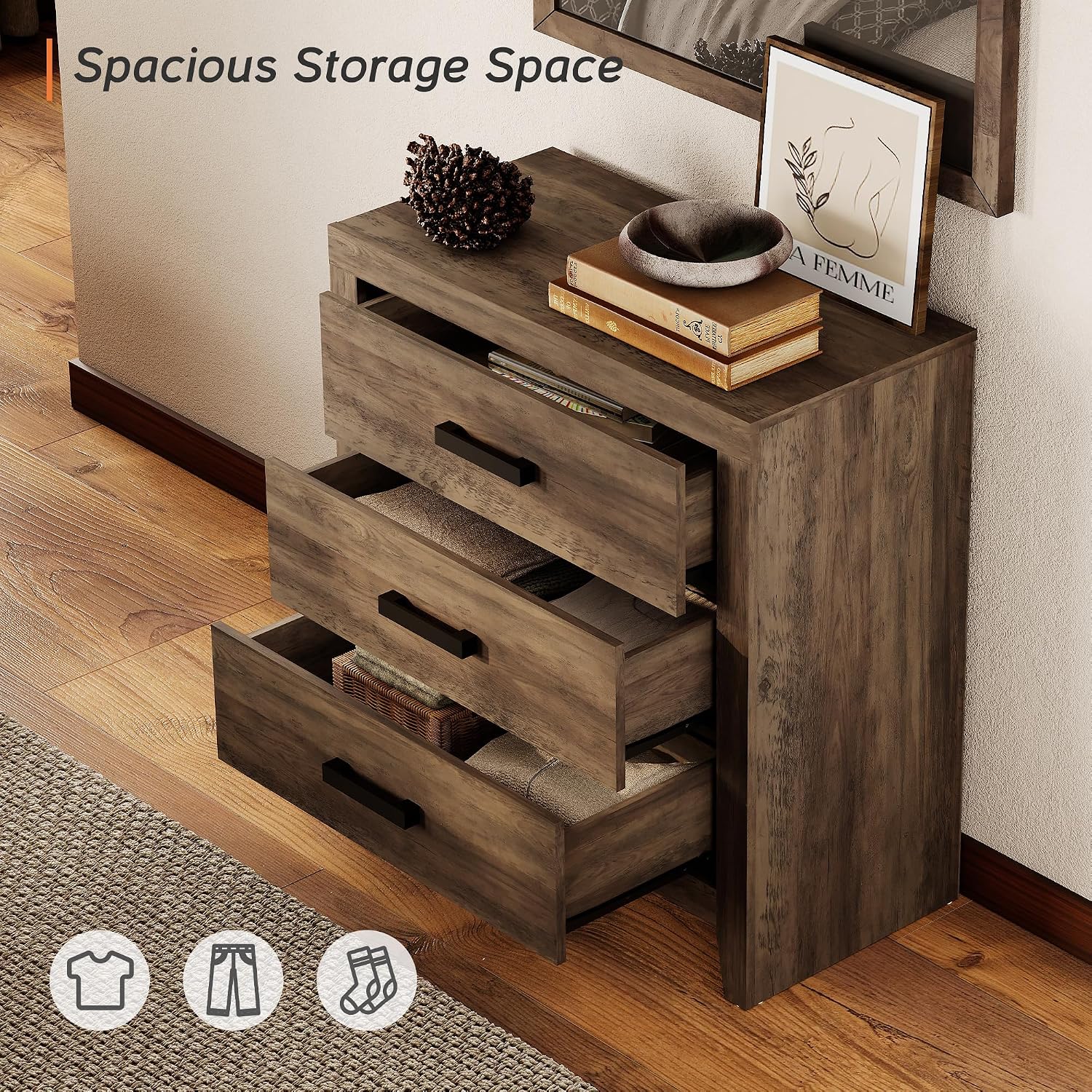 WAMPAT Farmhouse 3 Drawer Nightstand Set of 2, Large Wood Bedside Tables, 32' Wide End Tables with Storage for Bedroom, Hallway, Brown