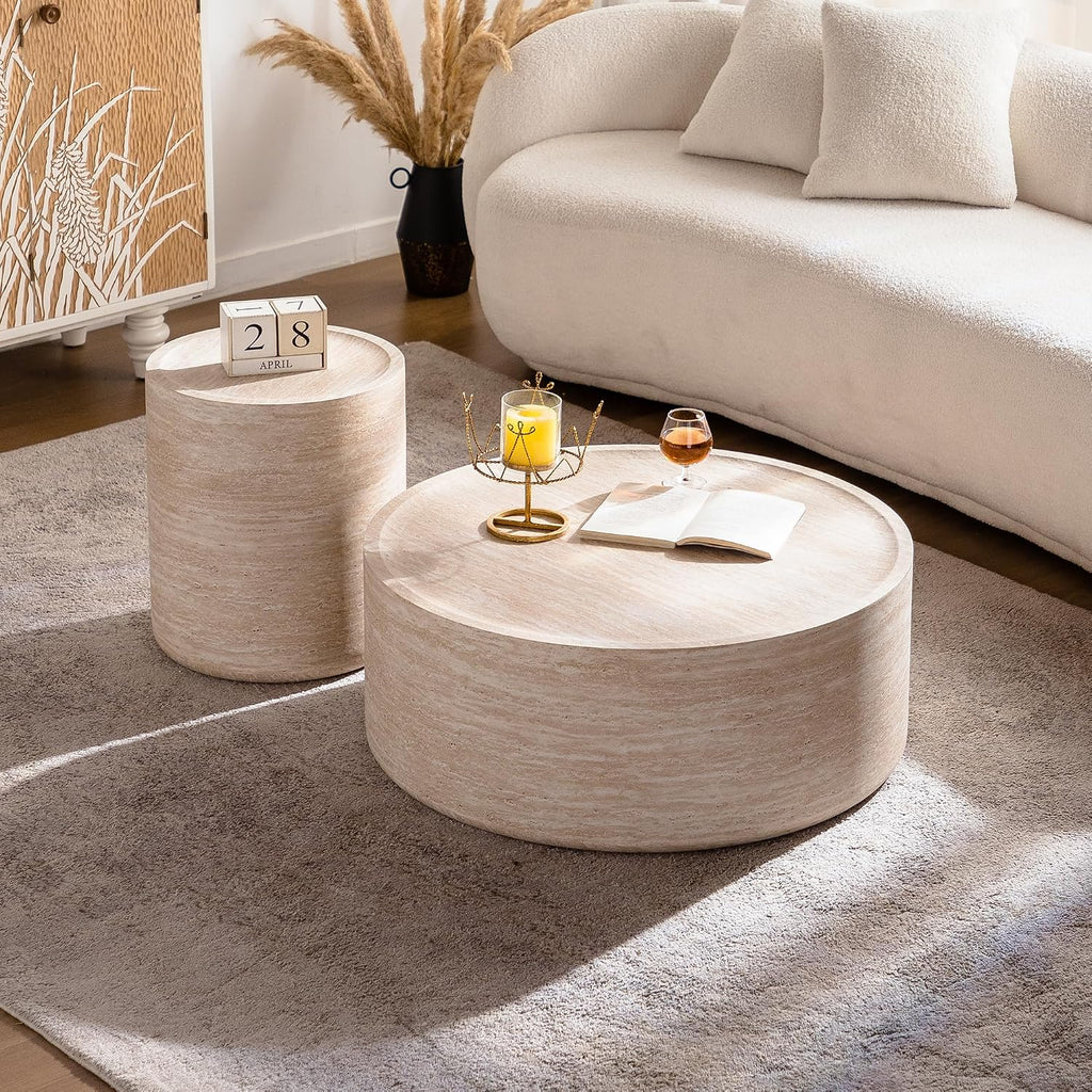 Modern Drum-Shape Coffee Table for Living Room 31.5' Round Cocktail Center Table Faux Travertine Finish Circle Coffee Tables for Home Office, Fully Assembled