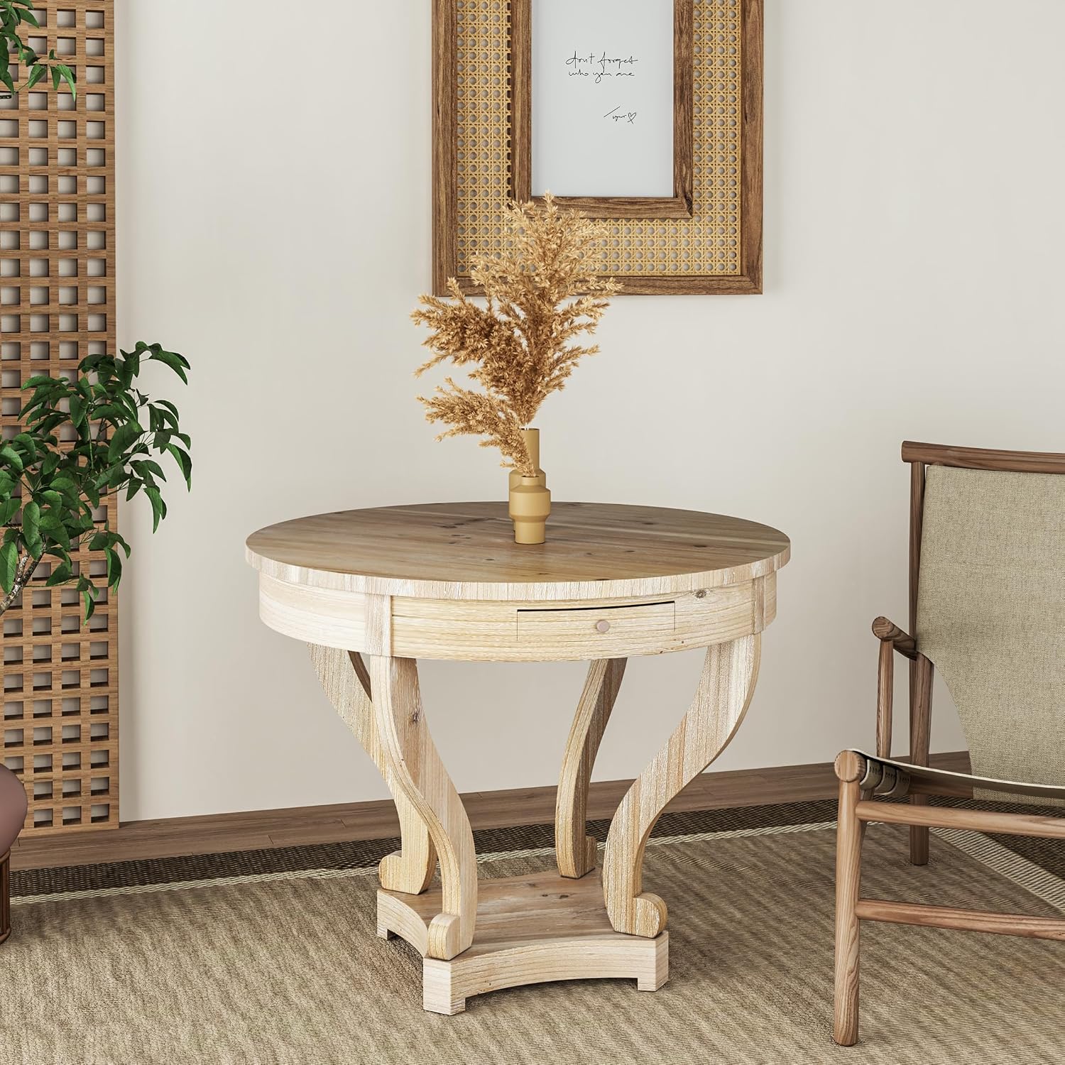 Round Large Side Table End Table with 2 Drawer Storage Space for Living Room, Modern Farmhouse Style (ø31.5''*27.1'', Natural Wood Grain)