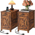 IRONCK End Table with Charging Station, Narrow Side Table for Living Room, Night Stand Set of 2 with Drawer and Cup Holder, Farmhouse Bedside Table with USB Ports and Outlets for Home, Vintage Brown