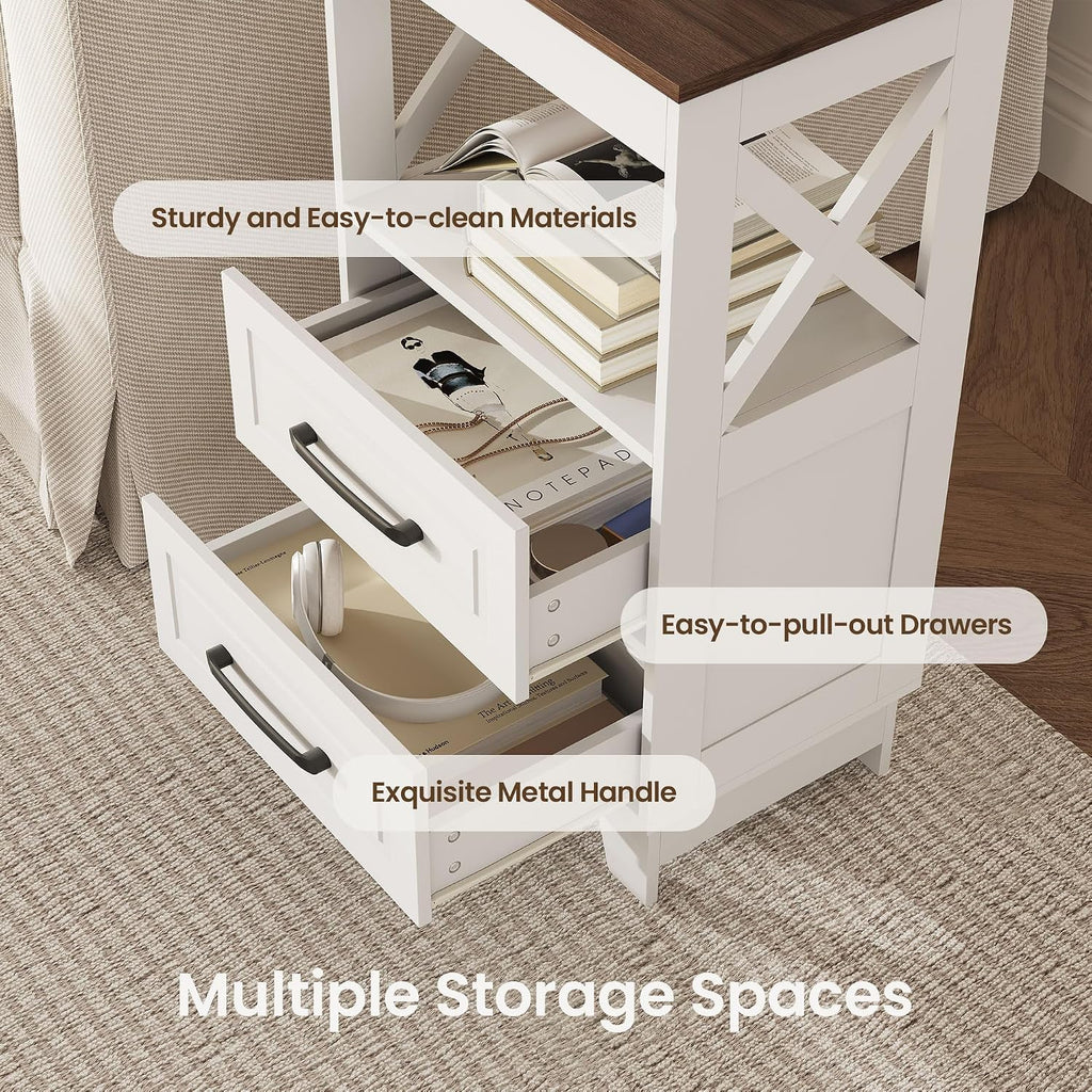 Tall Nightstand Set of 2 Side Table with 2 Drawers Modern Night Stand Wooden Rustic End Table Bedside Table with Below Open Shelf Solid Feet for Bedroom White+Walnut