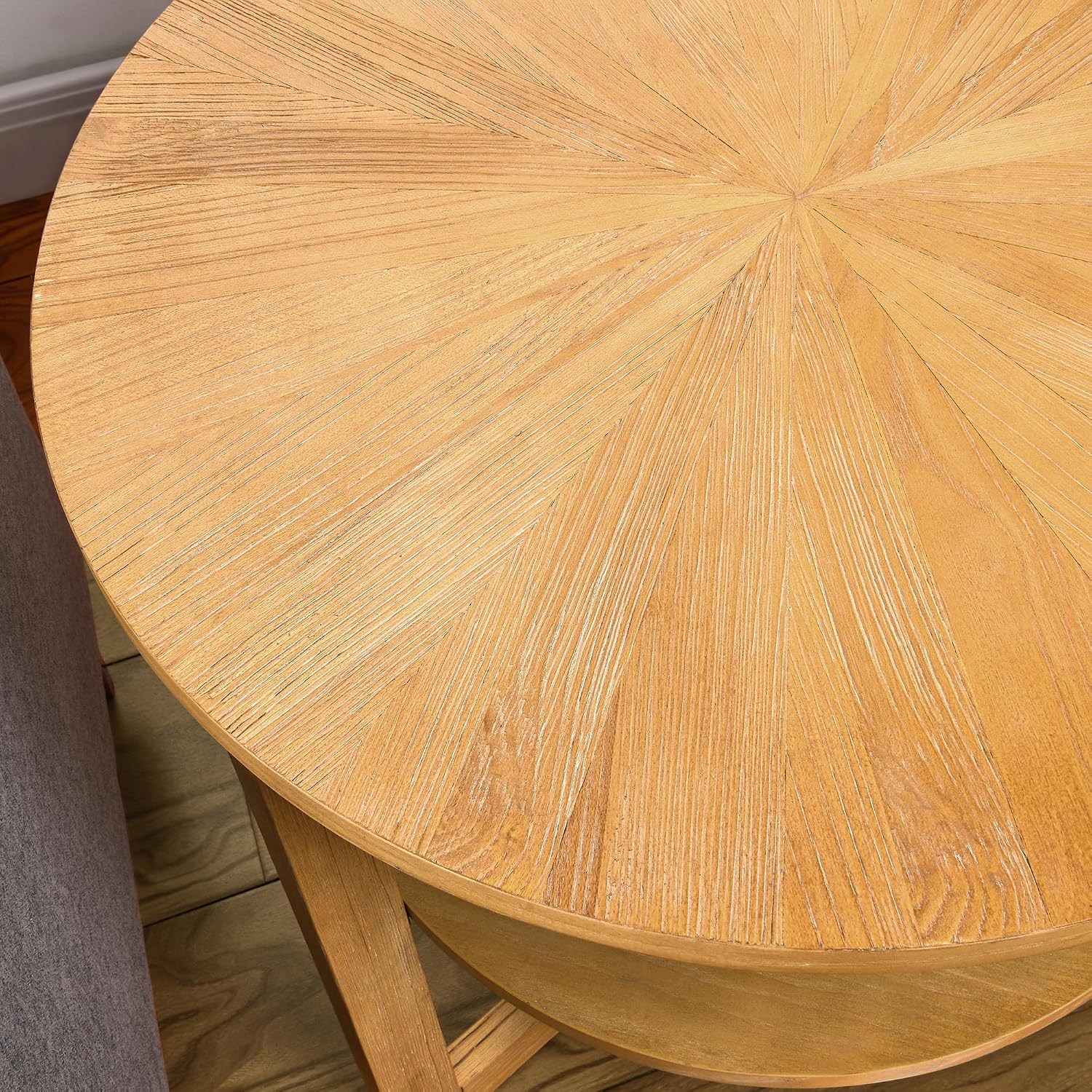 Large Round End Table, Rustic Beside Table with Umbrella Shaped Top, Traditional Circular Sofa Side Table with Shelf, 25.2'D Nightstand, Telephone Table for Living Room Natural CJZ3338OA