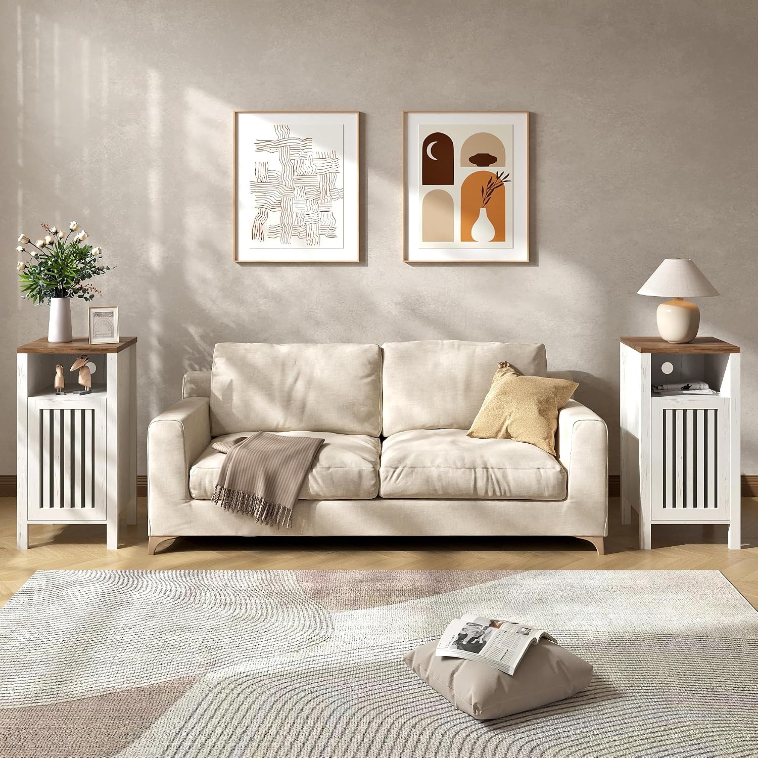 BVIUNTWO Set of 2 End Table, Farmhouse Sofa Table with Grille Door, Side Tables for Living Room, Bedroom, White