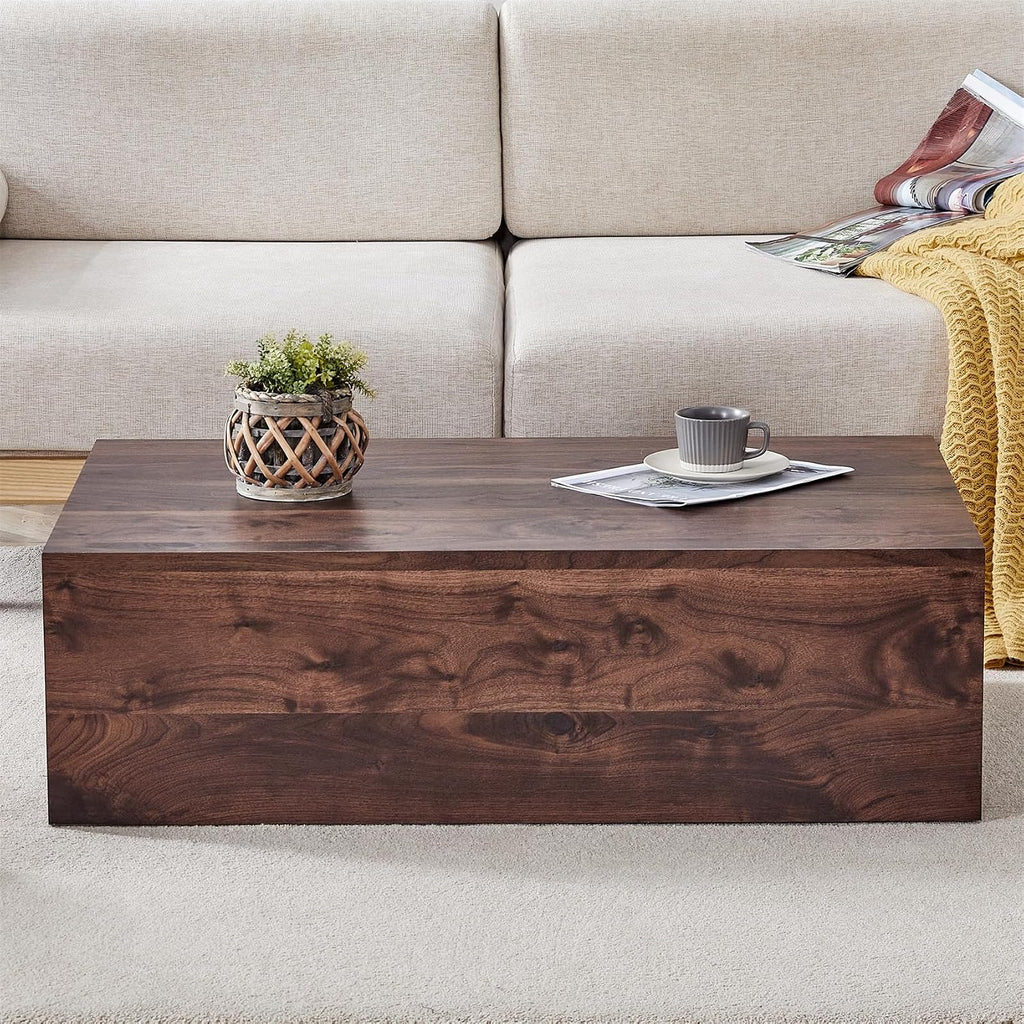 Rustic Walnut Coffee Table for Living Room Rectangular Center Tables Modern Elegant Wooden Cocktail Table for Home Office -Fully Assembled
