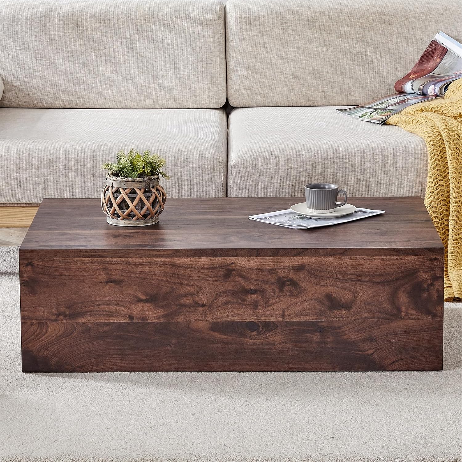 Rustic Walnut Coffee Table for Living Room Rectangular Center Tables Modern Elegant Wooden Cocktail Table for Home Office -Fully Assembled