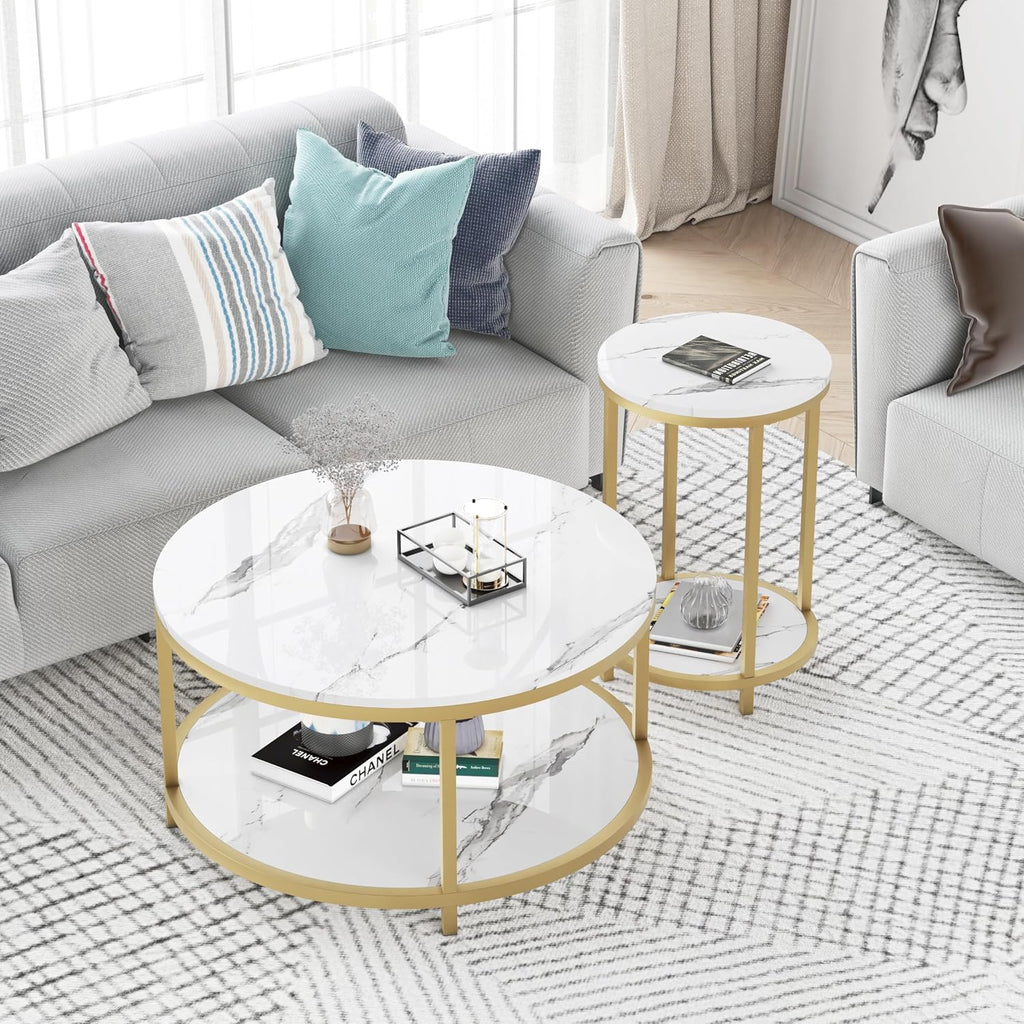 WiberWi Round Side Table Set of 2, Modern Nightstand End Table with Gold Metal Frame &Faux Marble Top, Accent Bedside Table for Living Room Bedroom Small Spaces with Storage Open Shelf,White