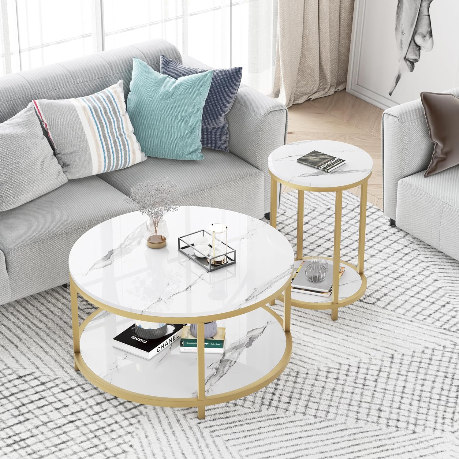 WiberWi Round Side Table Set of 2, Modern Nightstand End Table with Gold Metal Frame &Faux Marble Top, Accent Bedside Table for Living Room Bedroom Small Spaces with Storage Open Shelf,White