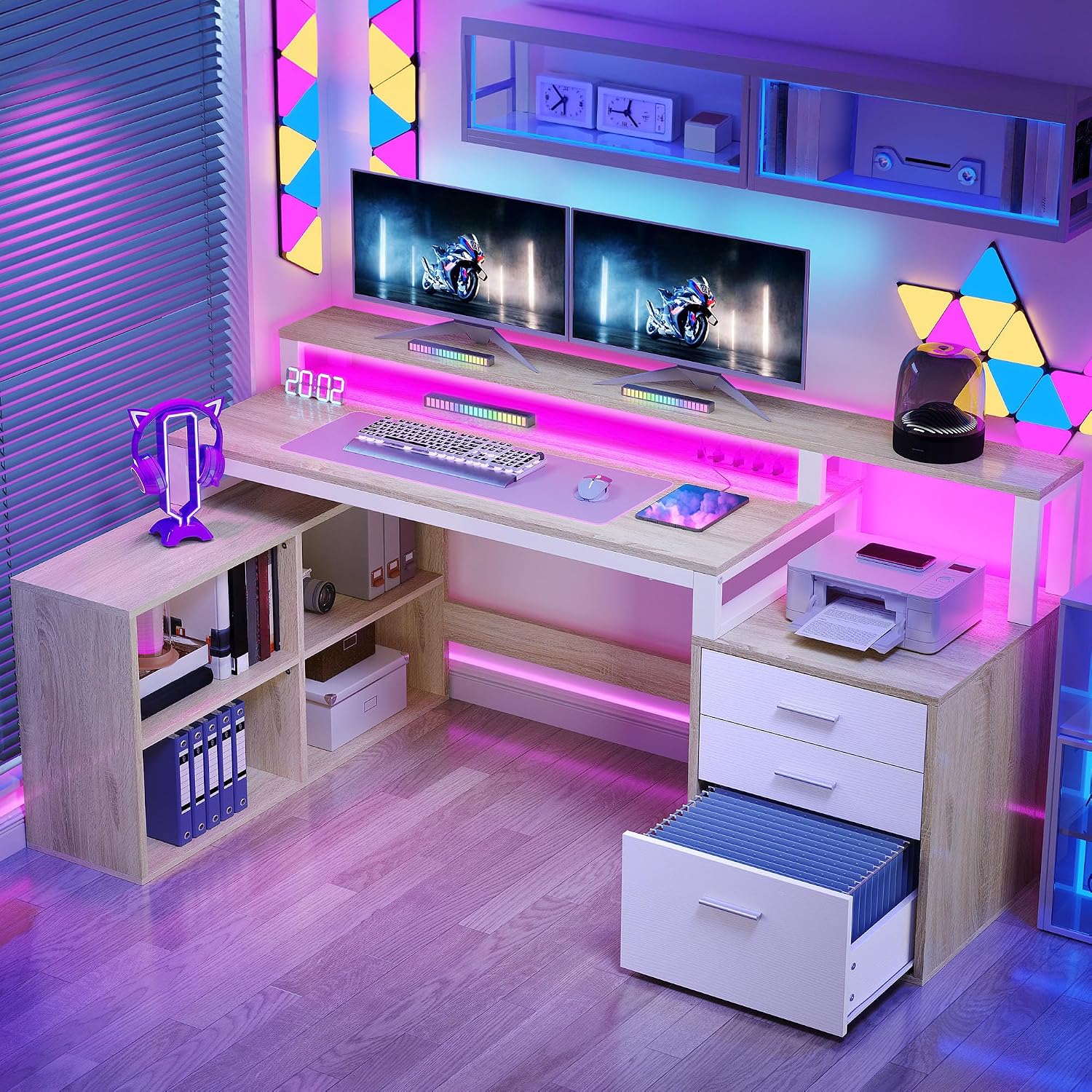 YITAHOME L Shaped Desk with 3 Drawers, 65' Corner Computer Desk with Power Outlets & LED Lights, L-Shaped Desk with File Cabinet & Printer Stand for Home Office, White & Oak