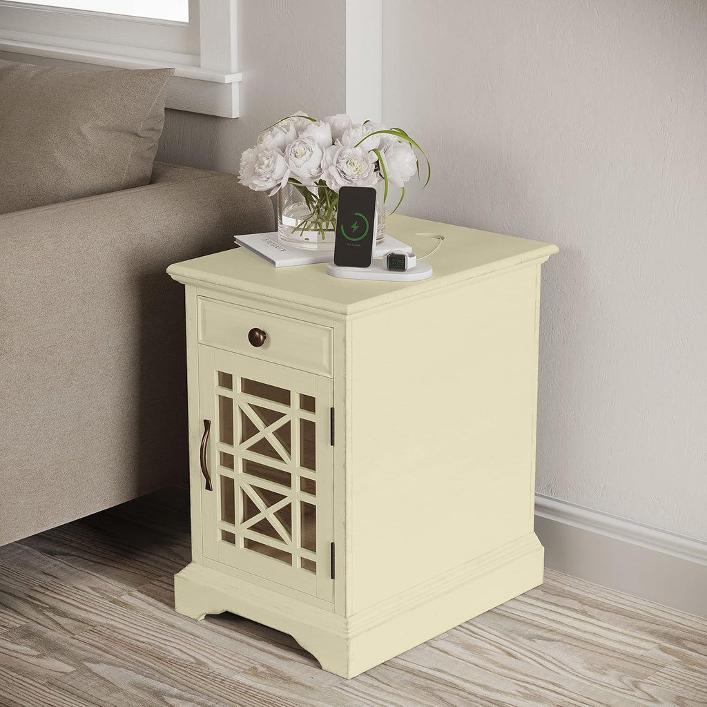 Jofran Farmhouse Craftsman End Table with Charging Station – Narrow Night Stands with USB Charging Port – Space-Saving Design for Bedroom, Living Room, or Entryway, Antique Cream