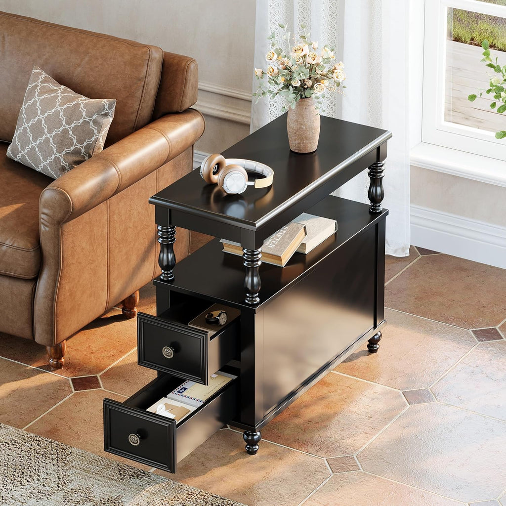 Tribesigns Wood End Table with 2 Drawers, Mid-Century Wooden Slim Side Table Nightstands with Storage Shelf, Accent Table for Living Room, Easy to Assemble (Black)