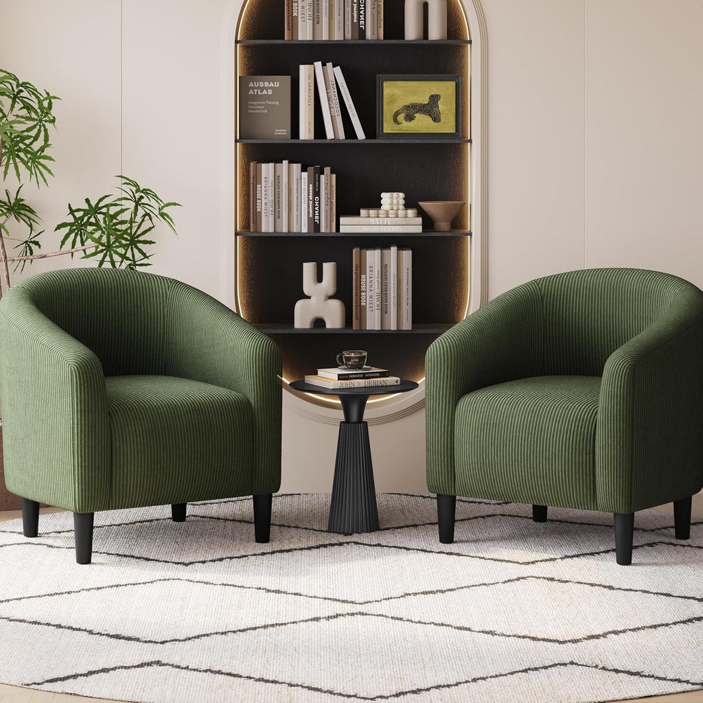 Yaheetech Barrel Chairs, Furry Accent Chairs with Soft Padded Armrest for Living Room Bedroom Waiting Room Office, Set of 2, Dark Green