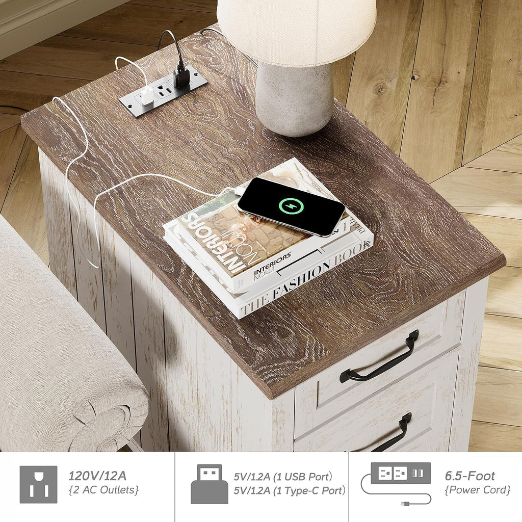 WAMPAT 2 Pack End Tables with Charging Station, Farmhouse Side Table with Drawer & Storage Cabinet, Antique White Nightstand with Power Outlets & USB Ports for Living Room, Bedroom