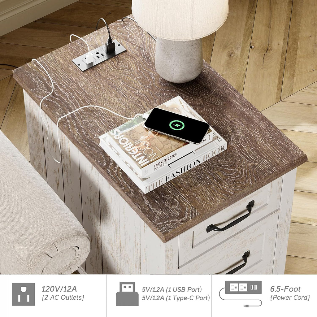 WAMPAT Set of 2 End Tables with Charging Station, Antique White Side Table with Storage Cabinet & Drawer, Wooden Nightstands with Power Outlets & Type-C USB Port for Bedroom