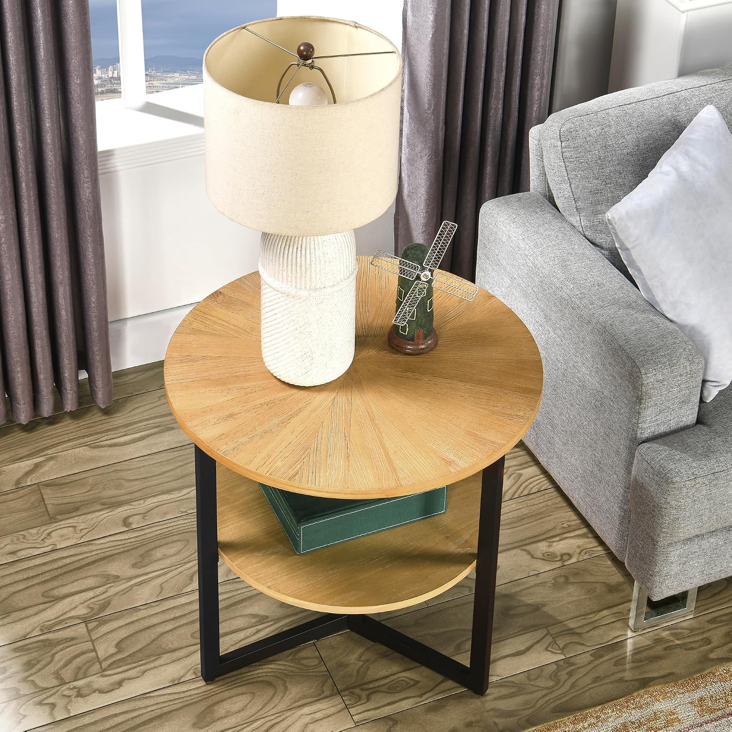 Round Large End Table with 2 tire Storage Shelf, 25.2' Solid Wood Sofa Side Table with Black Metal Frame, Beside Table for Living Room,Small Space,Natural CJZ1338OA