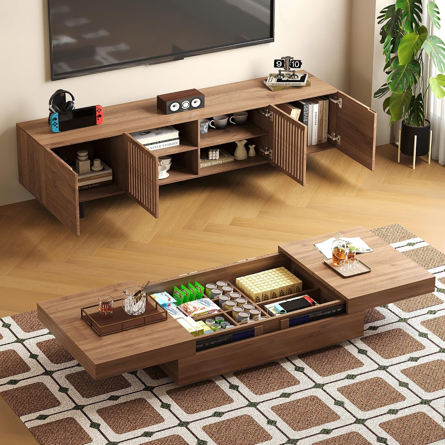 Mid-Century Modern Expandable Coffee Table & TV Stand Set, Walnut Finish – Elegant Storage Combo for Living Room, Bedroom, or Lounge (70.87' TV Stand+Coffee Table)