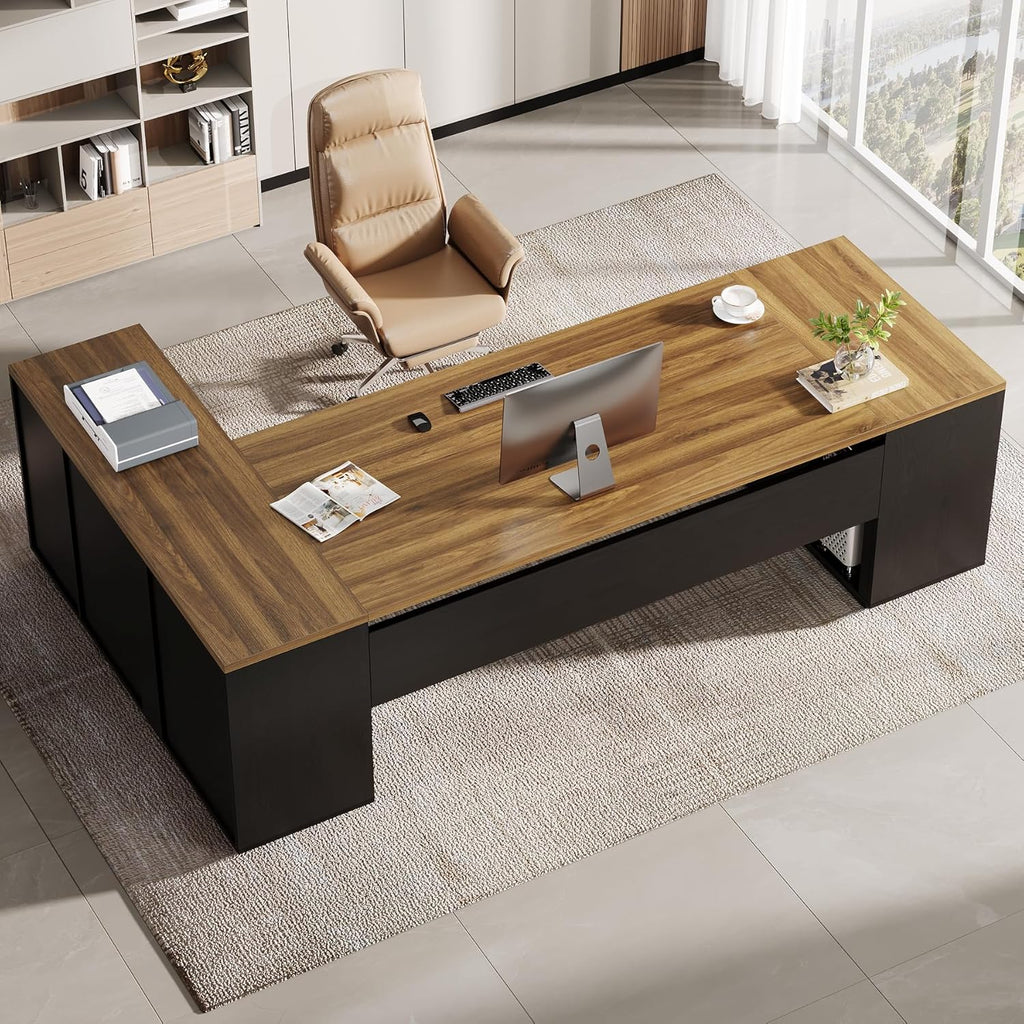 Tribesigns 85.8-Inch L-Shaped Executive Desk, Extra Large Modern Office Desk with File Drawers, Door Cabinet & Shelves, Commercial Office Table, Home Business Workstation, Brown & Black