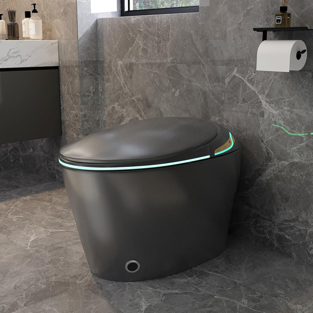 Smart Toilet One Piece with Bidet Built In, Auto Open/Close Seat, Foot Sensor, LED Display, Night Light, Warm Water and Dryer, Grey