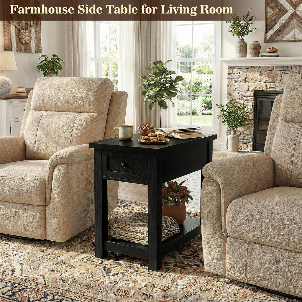 Armocity Narrow End Table Set of 2 with Charging Station - Farmhouse Side Tables with Drawers, 14' Wood Nightstands Set of 2 for Bedroom Living Room, Slim Couch Bedside Table Small Spaces, Black