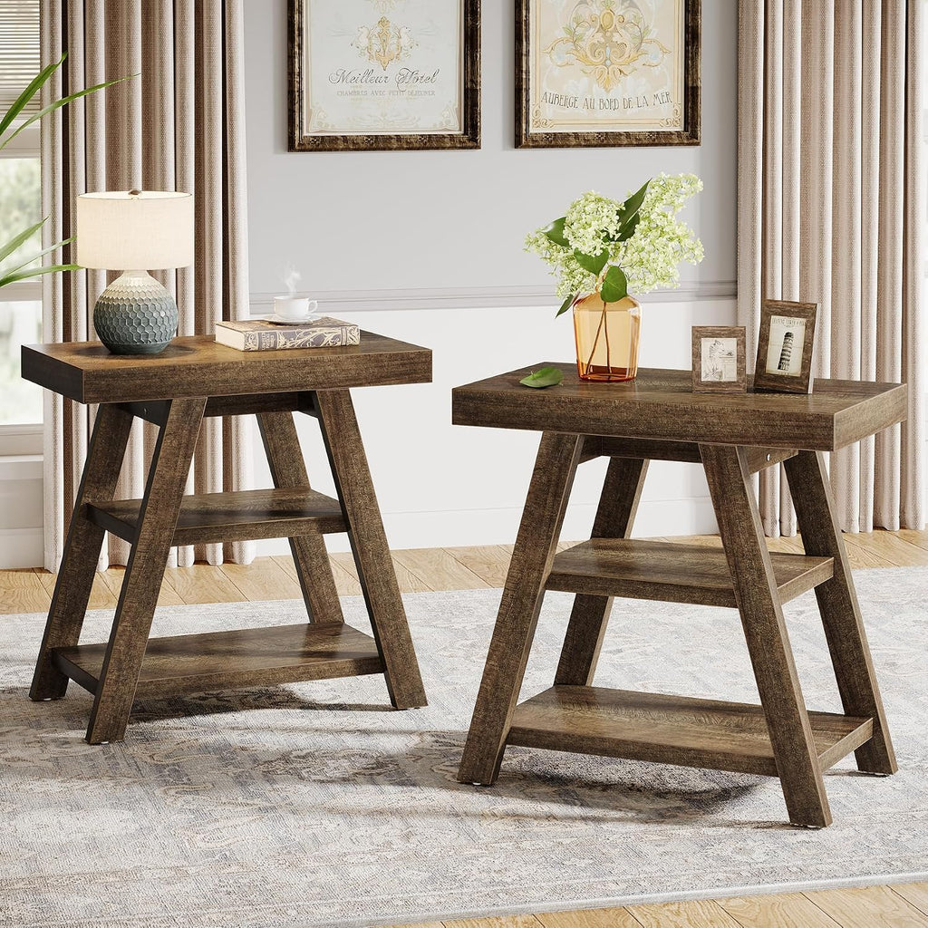 Tribesigns Set of 2 Rustic Side Table, 3-Tier Wooden End Table with Trapezoid Legs, Farmhouse Side Table for Couch, Vintage Bedside Nightstand for Bedroom, Living Room, Small Spaces, Distressed Brown