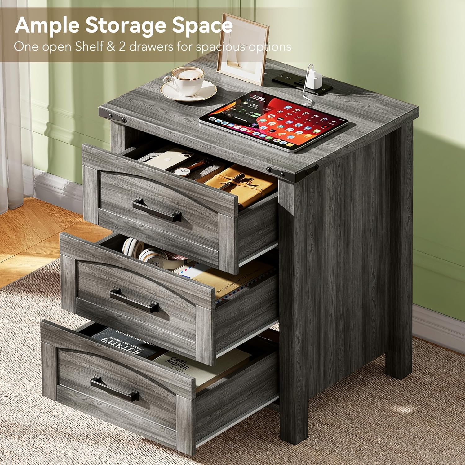 Decofy Farmhouse Nightstand Set of 2 with Charging Station, 18'' Wide Rustic End Table with USB/Type-C Ports, 3 Drawers, Wood Bedside Table for Bedroom, Grey Oak