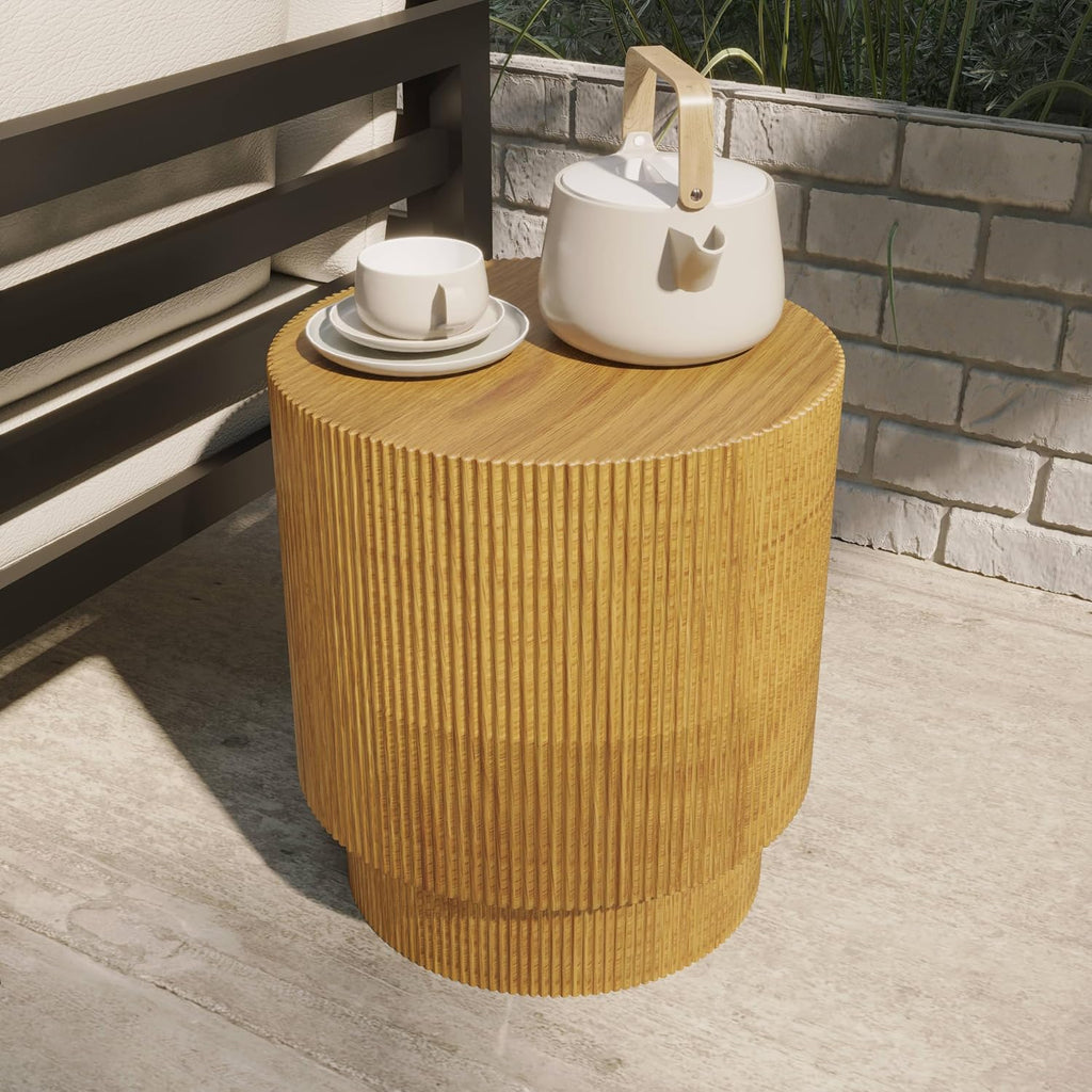 LeisureMod Modern Side Table Round Fiberstone Top Accent End Table for Home, Outdoor Patio, Living Room Sofa, Weather-Resistant, Eden Series in Brown