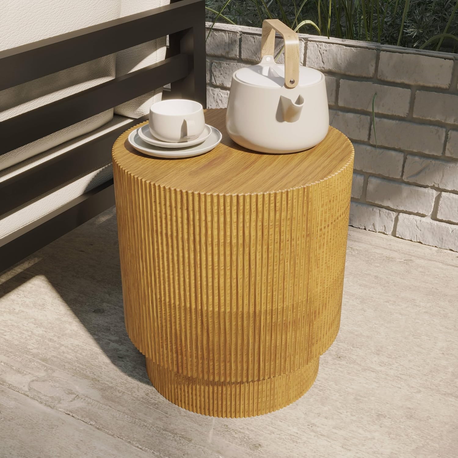 LeisureMod Modern Side Table Round Fiberstone Top Accent End Table for Home, Outdoor Patio, Living Room Sofa, Weather-Resistant, Eden Series in Brown