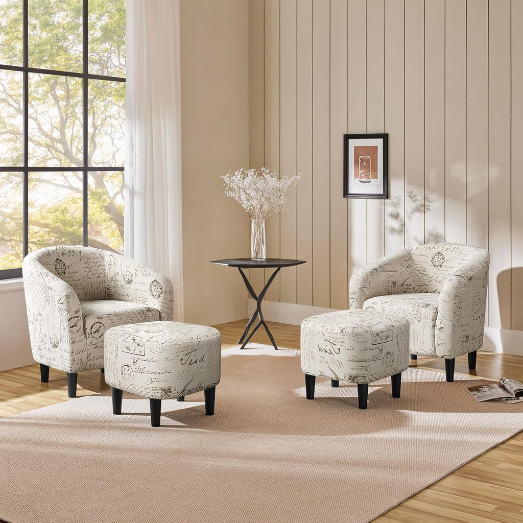 Yaheetech Accent Chair with Foot Rest, Mid Century Modern Upholstered Soft Barrel Chair, Comfy Fabric Armchair and Footrest Set for Living Room/Bedroom/Reading Room, Set of 2 Letter Print