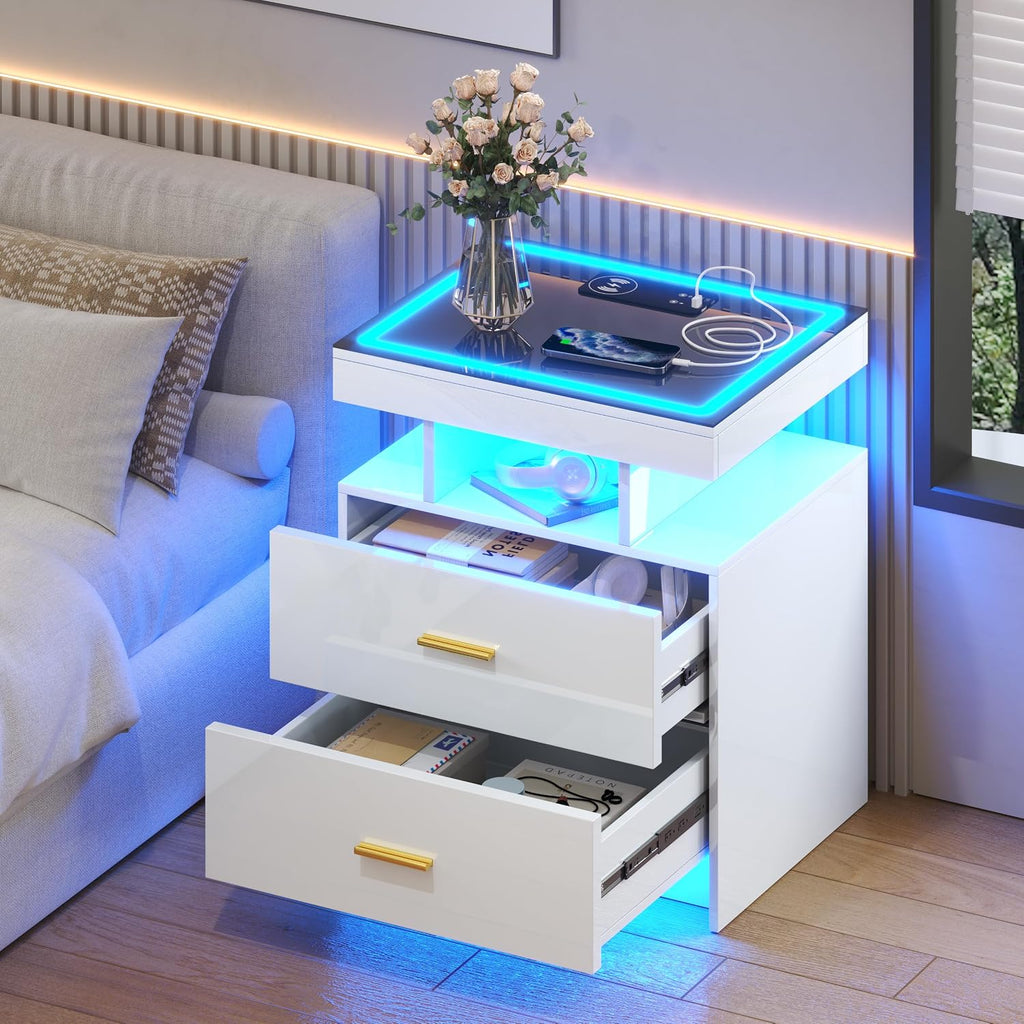 LED Nightstand Set 2 with Wireless Charging Station,White Night Stand with 2 Drawers,Glass Top Smart Bedside Table,Modern End Table Side for Bedroom,Living Room,Office