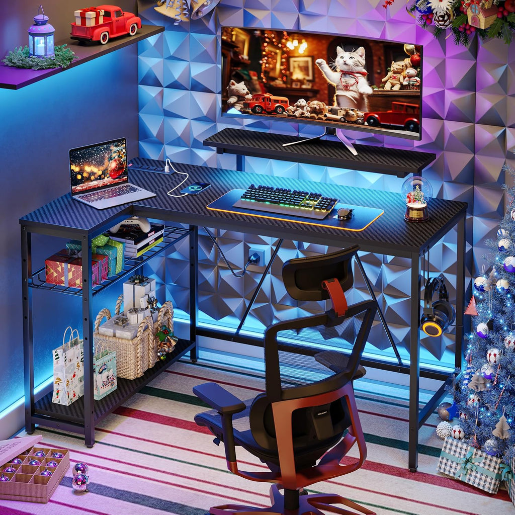 Bestier 52' Gaming Desk with Integrated Power Outlet & USB Ports, L-Shaped Computer Desk with LED Strip & Headphone Hooks, Perfect for Home Office Pink,Carbon Fiber Black