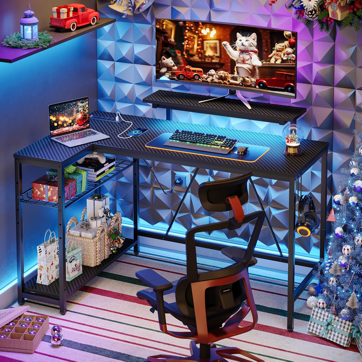 Bestier 52' Gaming Desk with Integrated Power Outlet & USB Ports, L-Shaped Computer Desk with LED Strip & Headphone Hooks, Perfect for Home Office Pink,Carbon Fiber Black