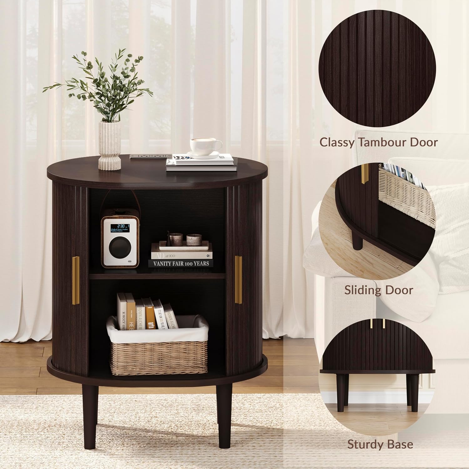 DHH Mid Century Modern Nightstand set of 2 with Charging Station, Fluted Accent Side Table with Sliding Door & Adjustable Shelf, End Table for Small Space, Living Room, Bedroom,Sofa Couch, Dark Walnut