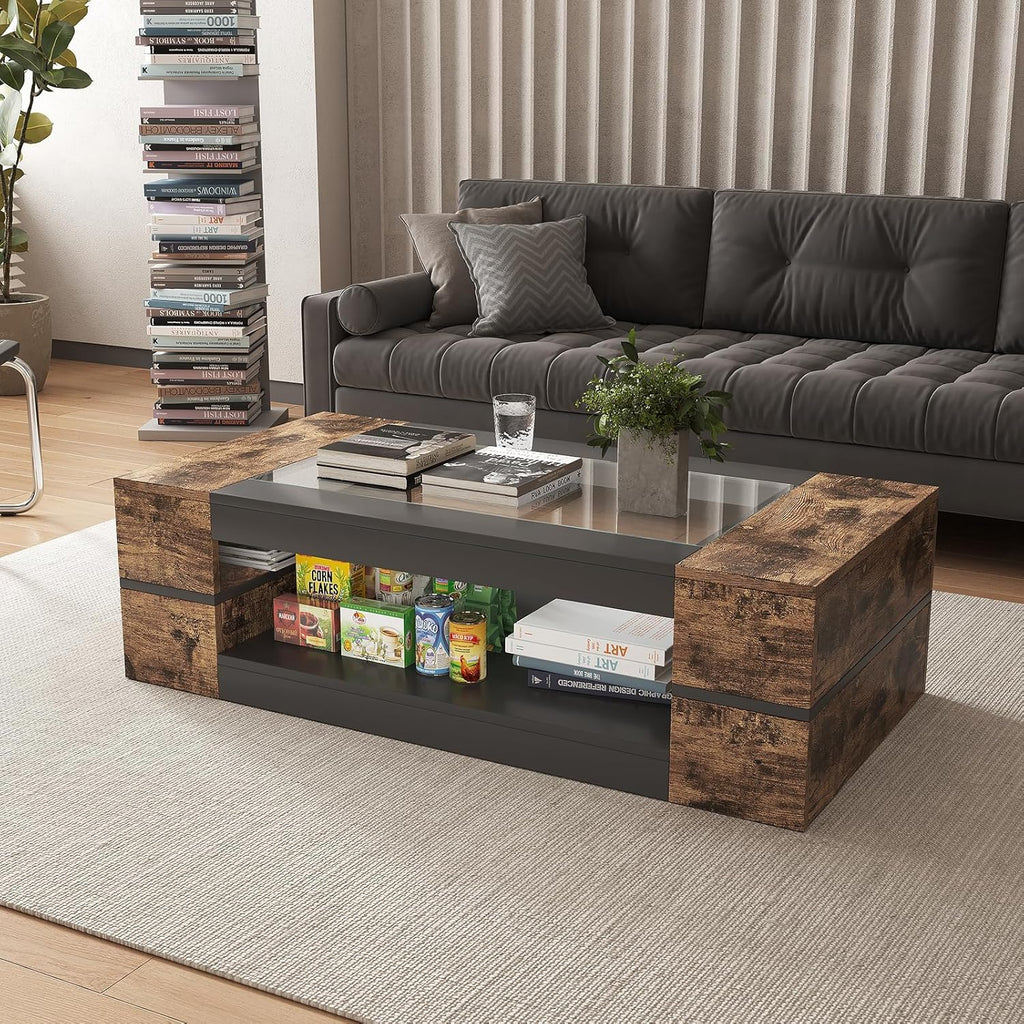 HedoAjim 47.2' Modern Stylish Coffee Table with Glass Table Top, Large Living Room Table Rectangular 2-Tier Center Tables with Storage, Wood Cocktail Tea Tables for Dining Reception Room (Rustic)
