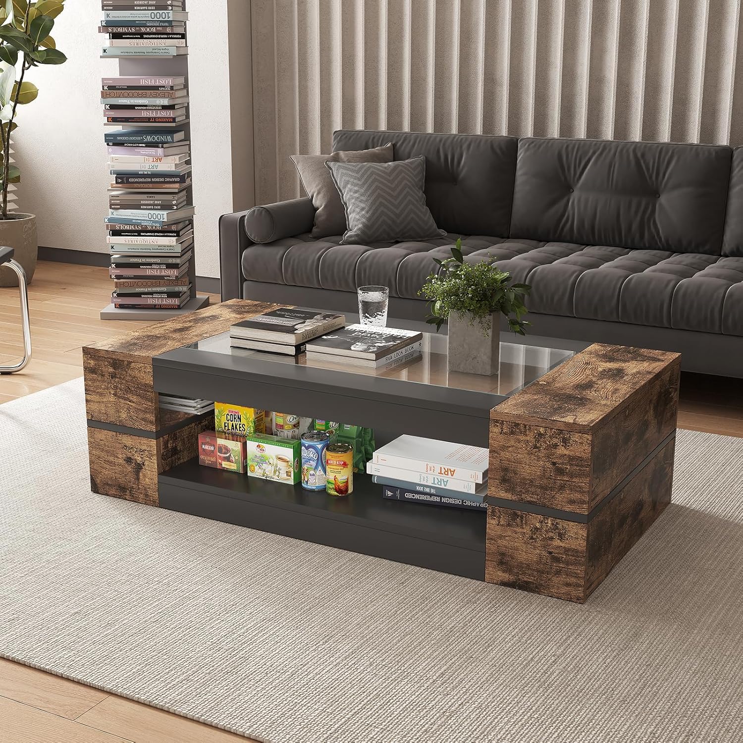 HedoAjim 47.2' Modern Stylish Coffee Table with Glass Table Top, Large Living Room Table Rectangular 2-Tier Center Tables with Storage, Wood Cocktail Tea Tables for Dining Reception Room (Rustic)