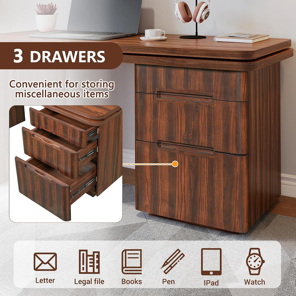 Merax Home Office Desk L Shaped with 3 Drawers,Wooden Rotating Desk | 90' Large Executive Office Workstation,Corner Work Table for Study Writing,Natural Wood