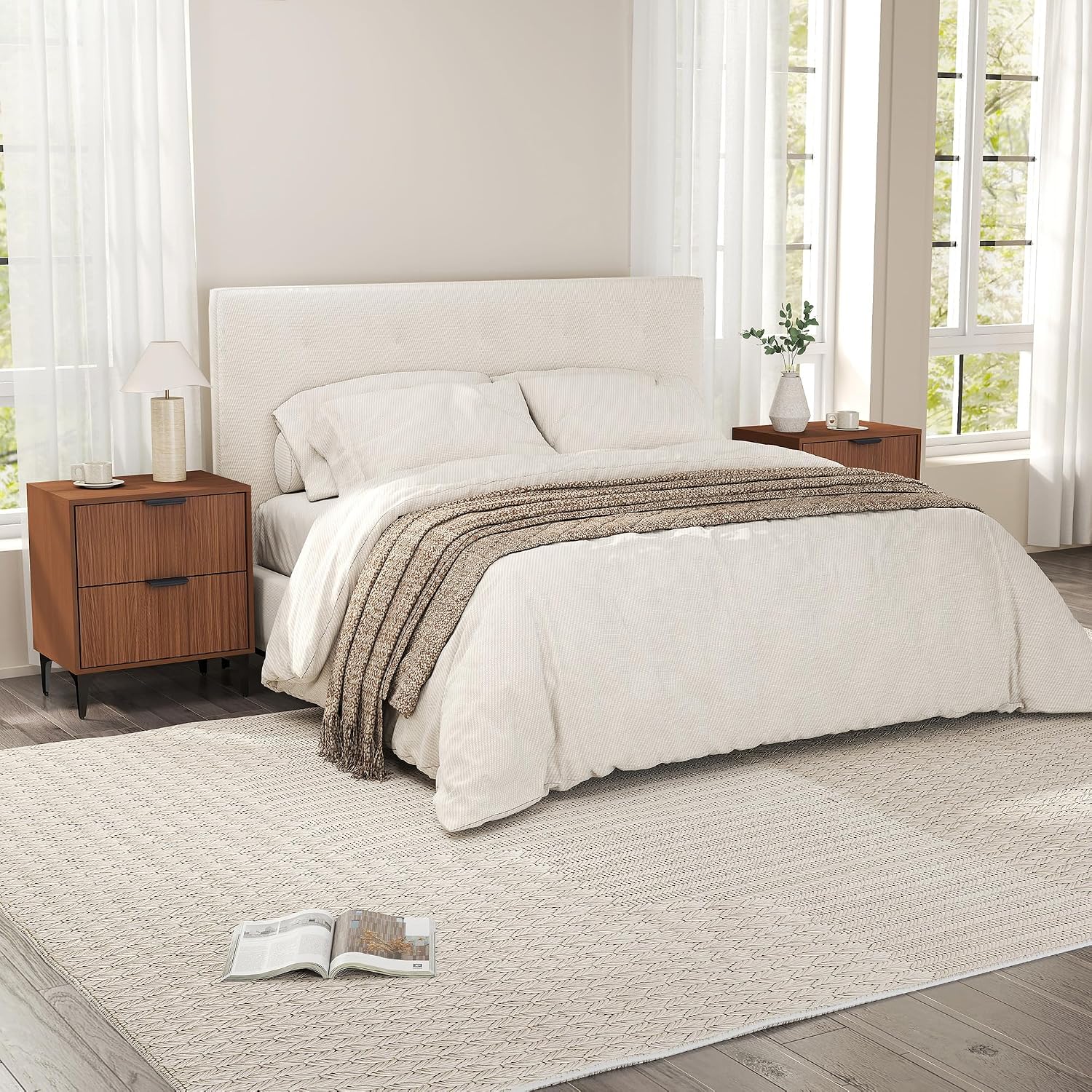 SUNWAVE Walnut Fluted Nightstand Set of 2, Modern Night Stands with 2 Drawers, Bedside Table for Twin/Full/Queen Bed, End Table with Robot-Friendly Metal Legs for Bedroom, Living Room