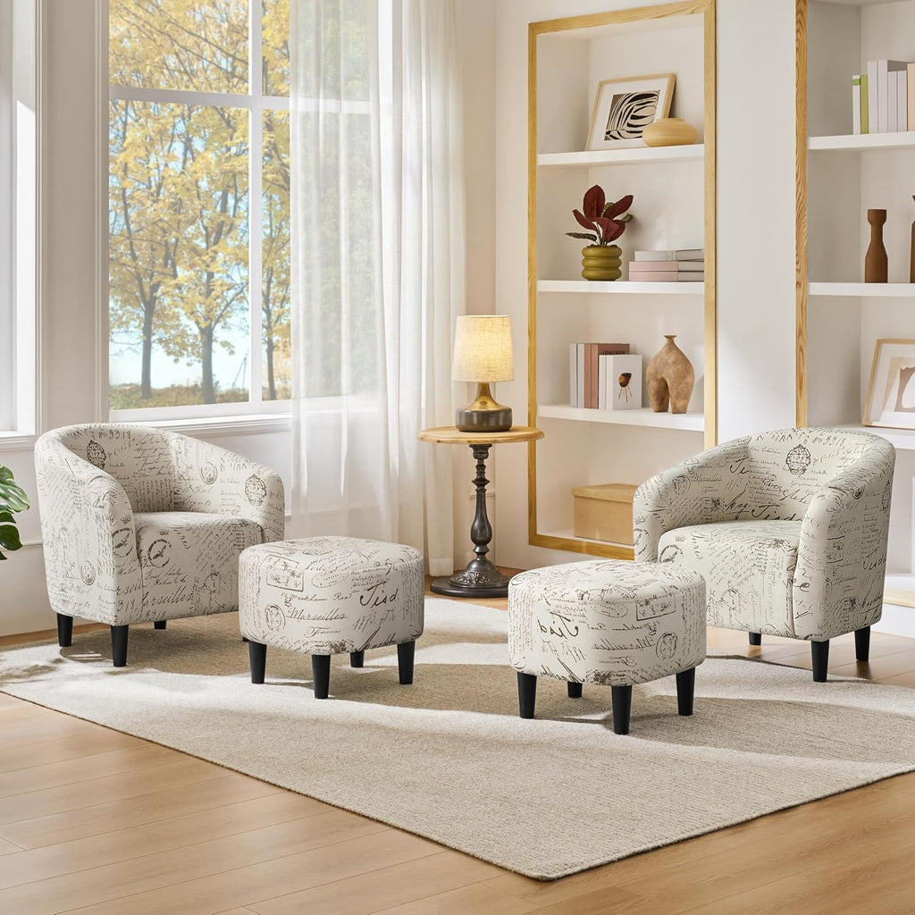 Yaheetech Accent Chair with Foot Rest, Mid Century Modern Upholstered Soft Barrel Chair, Comfy Fabric Armchair and Footrest Set for Living Room/Bedroom/Reading Room, Set of 2 Letter Print