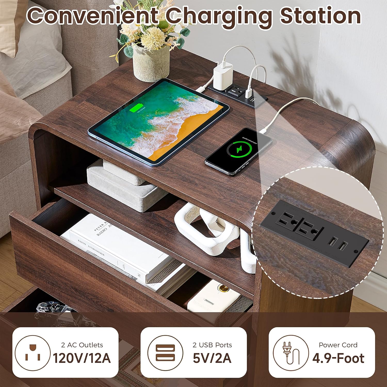 Standifurno Walnut Curved Nightstand Set of 2 with Charging Station, 23.2' Wide Wood Bedside Table 2 Storage Drawers, Modern Side Table Handleless, Large End Table Night Stand for Bedroom