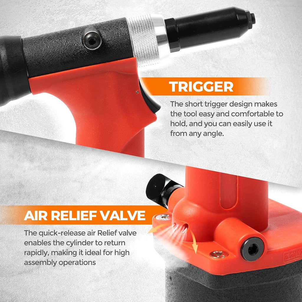 Pneumatic Hydraulic Pop Rivet Gun, Self-Suction Air Riveter Riveting Tool with 100 pcs Blind Rivets and 3/32' 1/8' 5/32' 3/16' Nose Pieces