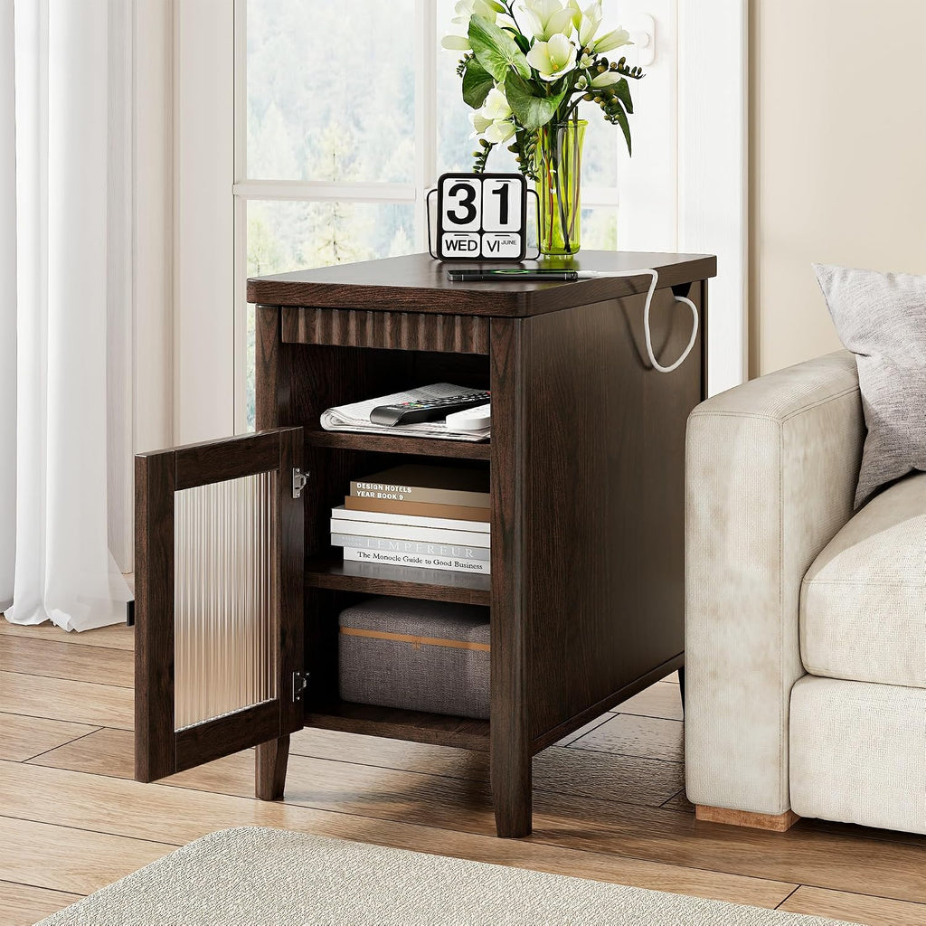 iPormis End Table Set of 2 with Charging Station, Narrow Side Table for Living Room, Farmhouse Night Stand with Storage Cabinet, Wood Bedside Table for Bedroom Small Space, Walnut