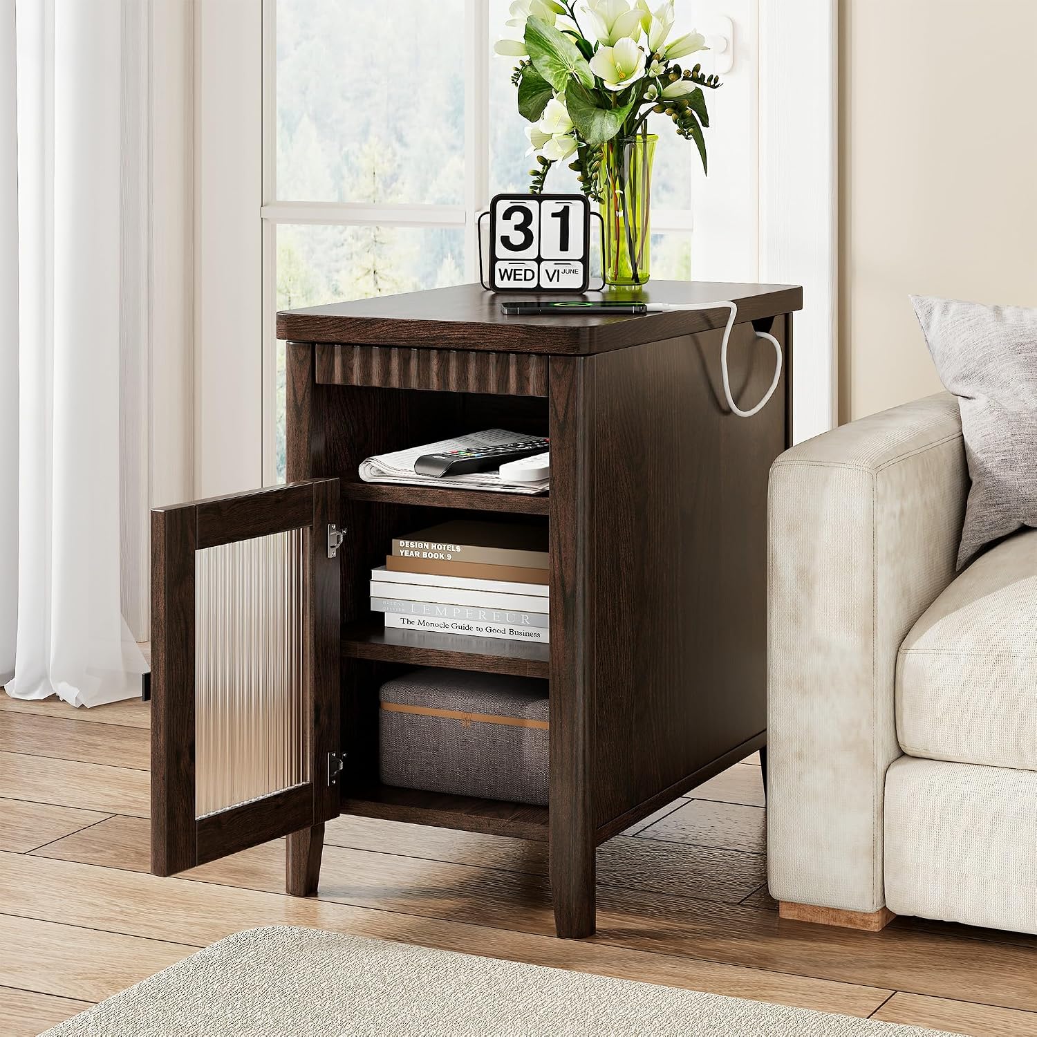 iPormis End Table Set of 2 with Charging Station, Narrow Side Table for Living Room, Farmhouse Night Stand with Storage Cabinet, Wood Bedside Table for Bedroom Small Space, Walnut