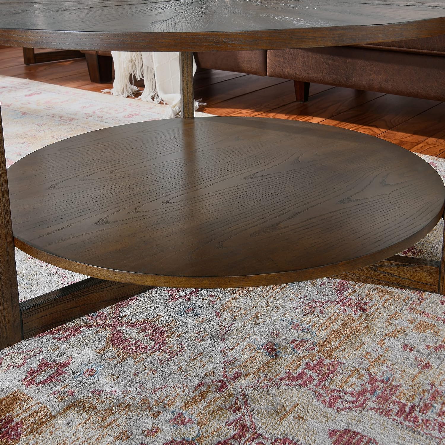 33.5' Round Coffee Table with Storage Shelf, Solid Wood Living Room Table with Umbrella Shaped Top, Farmhouse Center Cocktail Table for Office, Easy Assembly, Vintage Brown KFZ3338NC