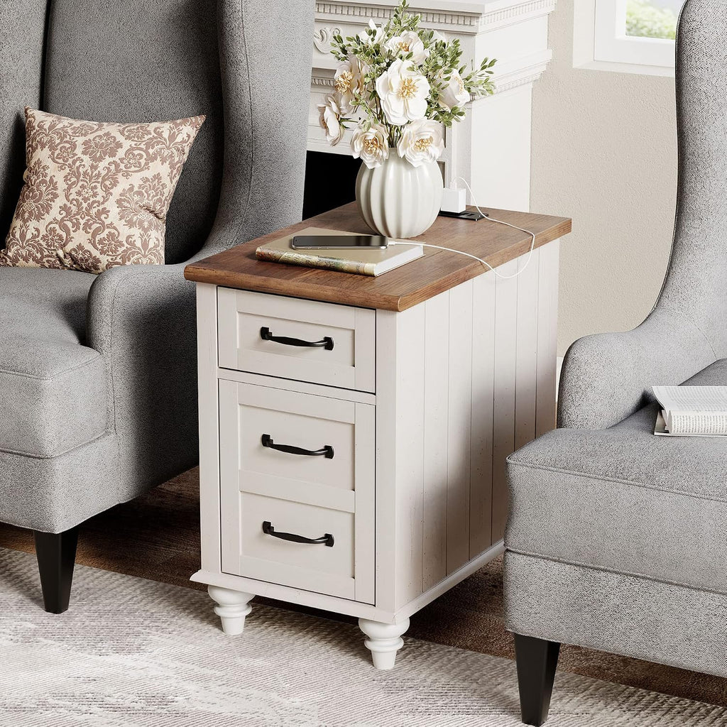 WAMPAT 2 Pack End Tables with Charging Station, White Wood Sofa Side Table with Drawer & Storage Cabinet, Modern Nightstand with Power Outlets & USB Ports for Living Room, Bedroom