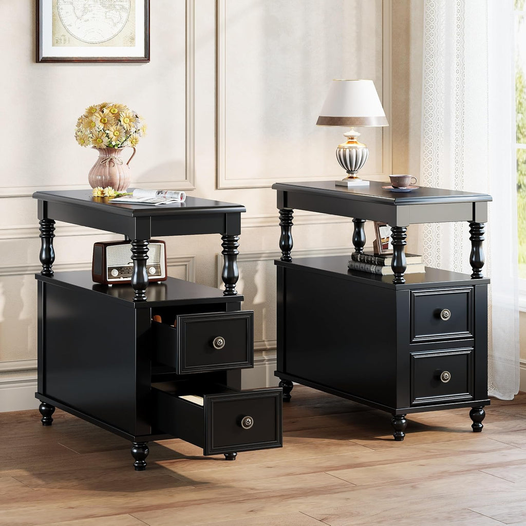Tribesigns Wood End Table with 2 Drawers, Mid-Century Wooden Slim Side Table Nightstands with Storage Shelf, Accent Table for Living Room, Easy to Assemble (Black)
