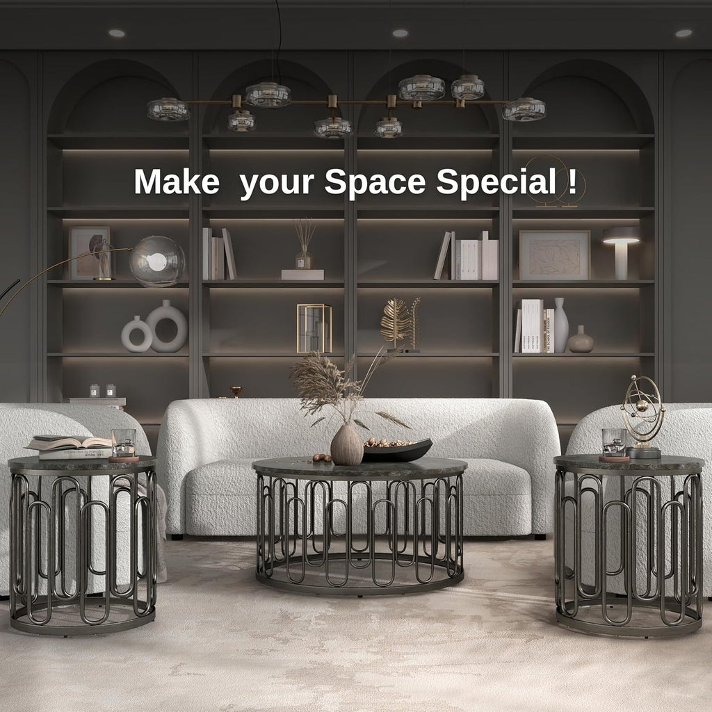 Furniture of America Davis 3-Piece Modern Table Set with Marble Top & Sturdy Metal Legs & Open Shelf for Living Room, Apartment, Small Space, Black