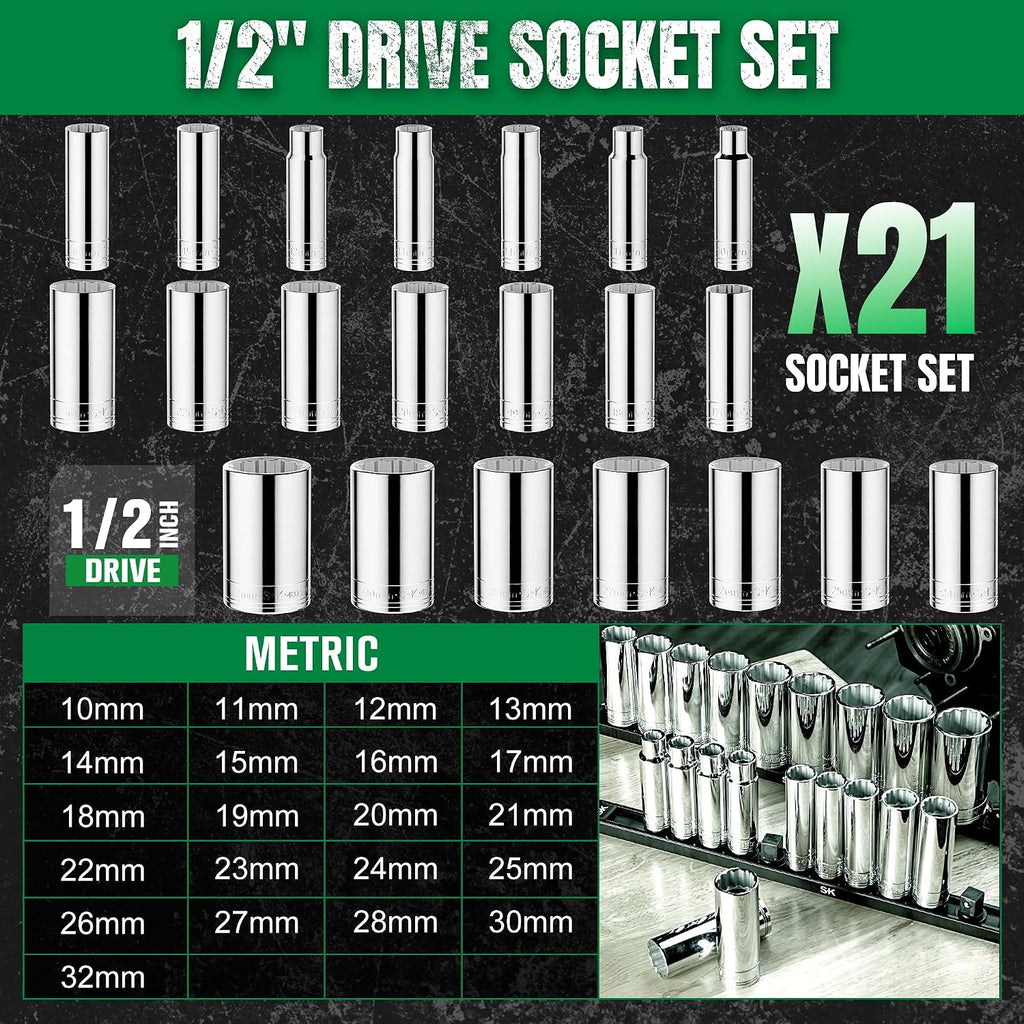 SK Tools USA 1/2' Drive Socket Set, Deep Metric Sockets, 21-Piece 10-32mm, SuperKrome Finish, Premium CR-V Construction, 12 Point, with Storage Rail