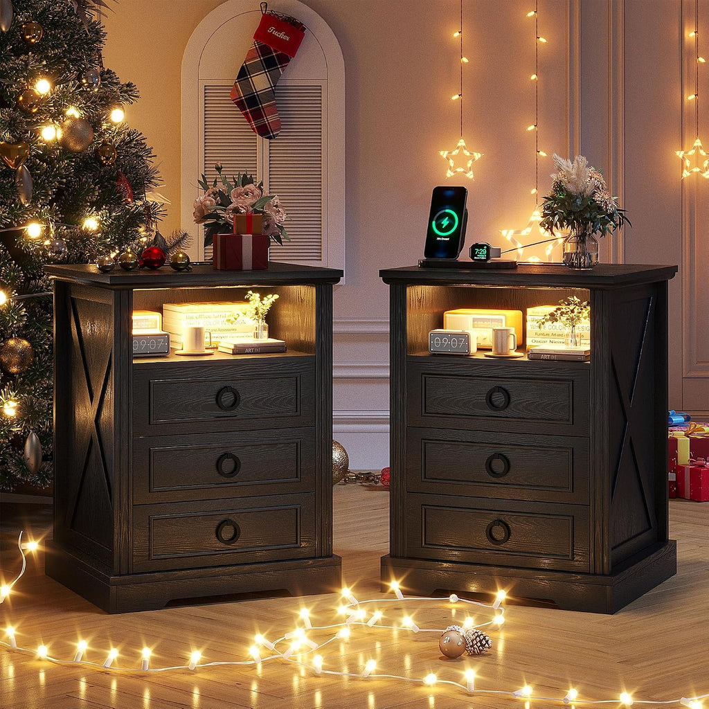 Nightstand Set 2 with Charging Station,Farmhouse End Side Table with 3 Drawers and Open Storage,Smart Bedside Table with LED Light & Human Sensor, Black