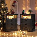 Nightstand Set 2 with Charging Station,Farmhouse End Side Table with 3 Drawers and Open Storage,Smart Bedside Table with LED Light & Human Sensor, Black