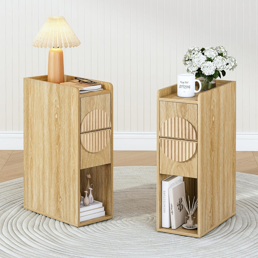 Narrow Nightstands Set of 2 for Bedroom, Mid Century Modern Wooden Bedside with 2 Drawers, Fluted Skinny End Table, 8 Inch Wide Slim Side Tables for Small Spaces,Natural