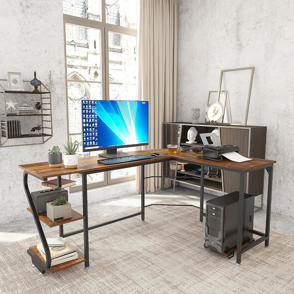 Weehom Reversible L Shaped Desk with Shelves Large Corner Computer Desk Gaming Desks for Home Office Writing Workstation Wooden Table,Rustic Brown