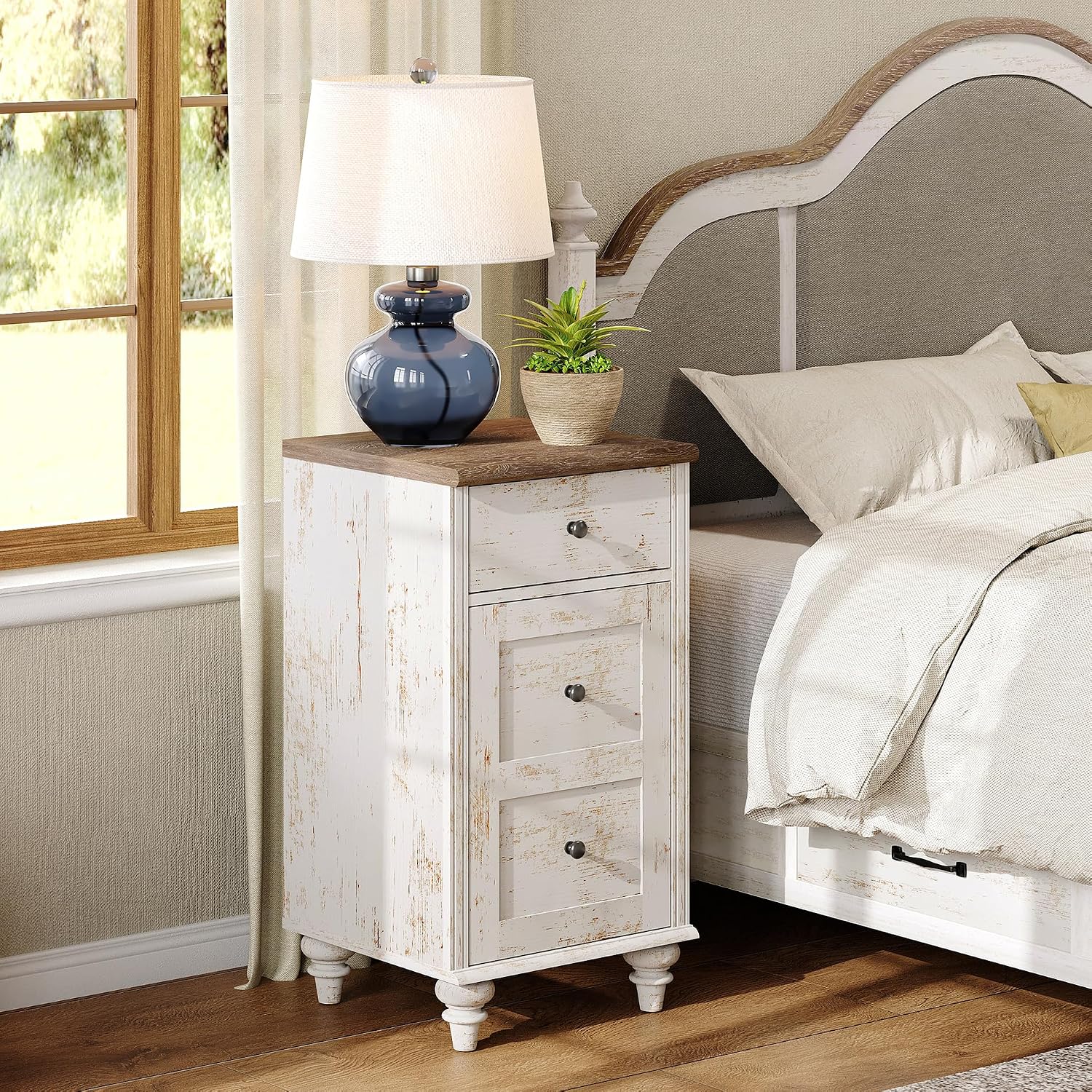 WAMPAT Set of 2 End Table with Charging Station & Power Outlets & USB Ports, Farmhouse Side End Table with Drawer and Storage Cabinet for Bedroom, Rustic White